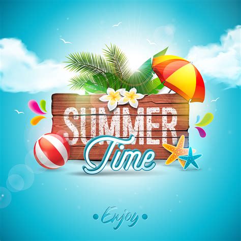 Vector Summer Time Holiday Typographic Illustration On Vintage Wood