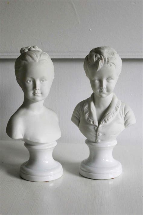 Vintage Pair Of Ceramic Bust Figurines Boy And Girl White Bisque And