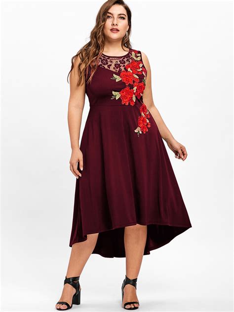 Wipalo Plus Size Fashion Floral Embroidery High Low Vintage Party Dress