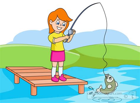 Fishing Clipart Girl Fishing At Lake With Fish At End Pole