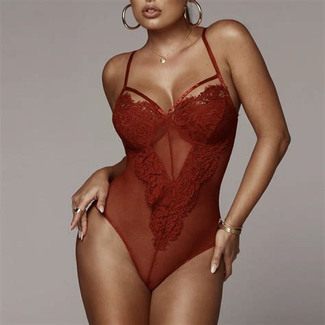 Pholeey Sexy Women Body Suit Lace Red Black Bodysuits Deep V Neck