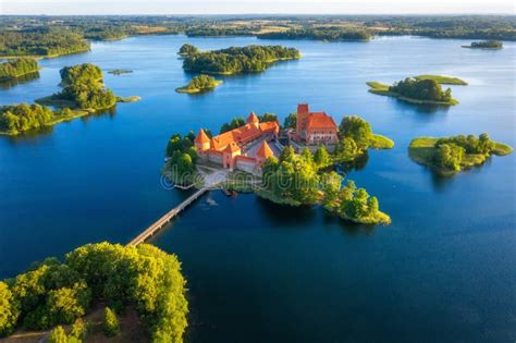 Trakai Castle In Lithuania Aerial View Green Islands In Lake In Trakai