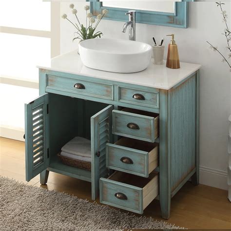 36 Distress Blue Vessel Sink Bathroom Vanity With White Over Mounted