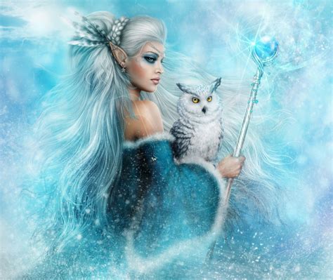 Winter Elf Queen Fantasy Elf Woman Girl Owl Staff White Hair Blue Eyes