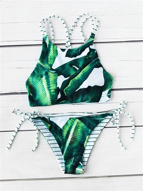 Jungle Print Side Tie Reversible Bikini Set Shein Sheinside