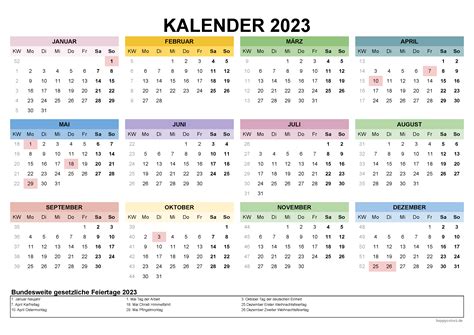 Kalender 2023 Mit Kalenderwochen Und Feiertagen Pdf Xls Png