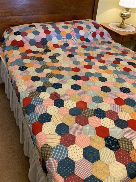 Antique Patchwork Quilt Hand Quilted Honeycomb Hexagon 1930 S Cotton Fabric Rustic Farmhouse