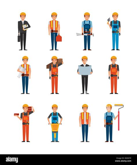 Construction Workers Cartoon Icon Set Over White Background Colorful