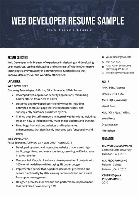 2+ years of experience developing user interfaces. Front End Web Developer Resume Unique Web Developer Resume ...