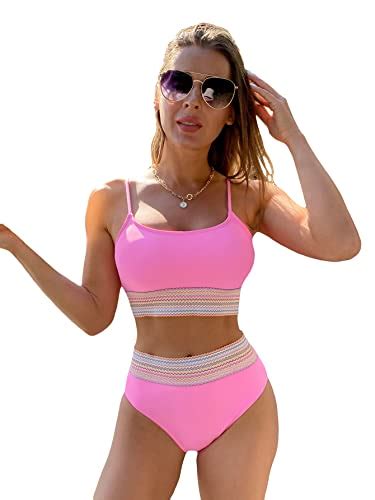 Shein Womens 2 Piece Color Block Bikini Set Wireless Swimsuit High Waist Bathing Suit Pink