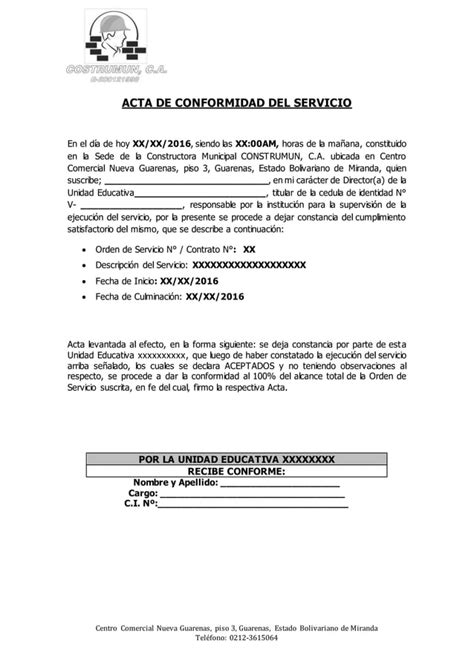 Formato De Acta De Conformidad Del Servicio Pdf