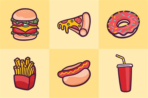Fast Food Meal Icons Junk Food Stok Vektör Sanatı And Animasyon Karakter‘nin Daha Fazla Görseli