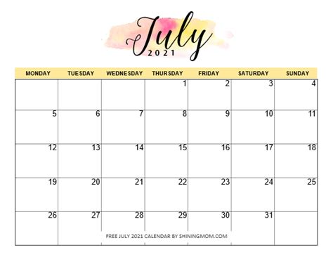 Free Printable July 2021 Calendar 12 Awesome Designs