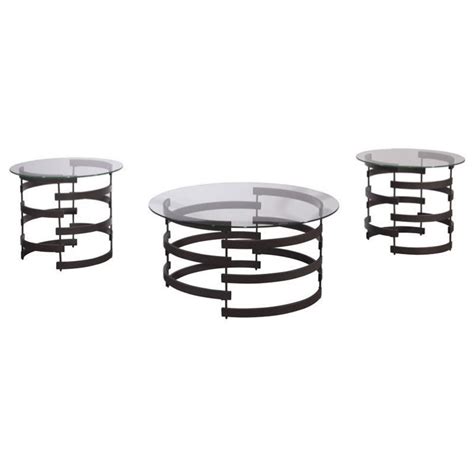 Ashley Kaymine 3 Piece Round Glass Coffee Table Set In Black T408 13