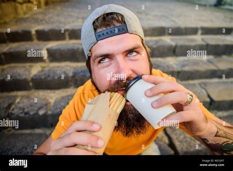 Man Bearded Eat Tasty Sausage Urban Lifestyle Nutrition Junk Food Carefree Hipster Eat Junk