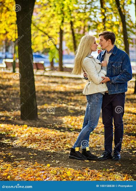 Autumn Couple Walking Park Friends Walk Outdoor Stock Photo Image