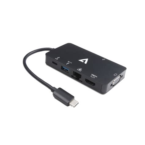 V7 Black Video Adapter USB-C Male to 2x USB 3.0 Female, RJ45 Female, HDMI Female, VGA Female ...