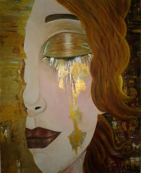 A Painting Of A Womans Face With Tears On Her Eyes And Gold Paint