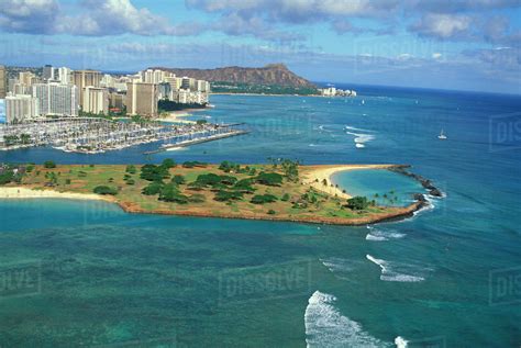 Hawaii Oahu Aerial Of Diamond Head Waikiki And Magic Island Blue