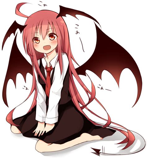 Safebooru 1girl D Ahoge Barefoot Bat Wings Blush Demon Girl Demon Tail Dress Shirt Fangs Head