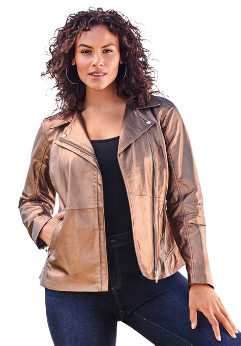 Roamans Womens Plus Size Leather Moto Jacket Motorcycle Zip