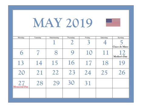 May 2019 Holidays Calendar