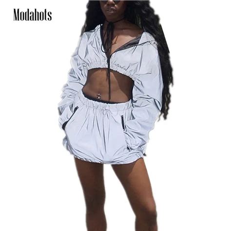 Fashion Bright Reflective Women Two Piece Set Crop Top And Skirt Solid Hooded Sexy Grey Silver