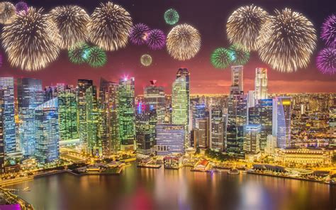 Download Wallpapers Singapore Metropolis Night Fireworks