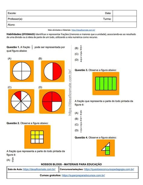 Exercícios De Simplificação De Fração 5 Ano Com Gabarito