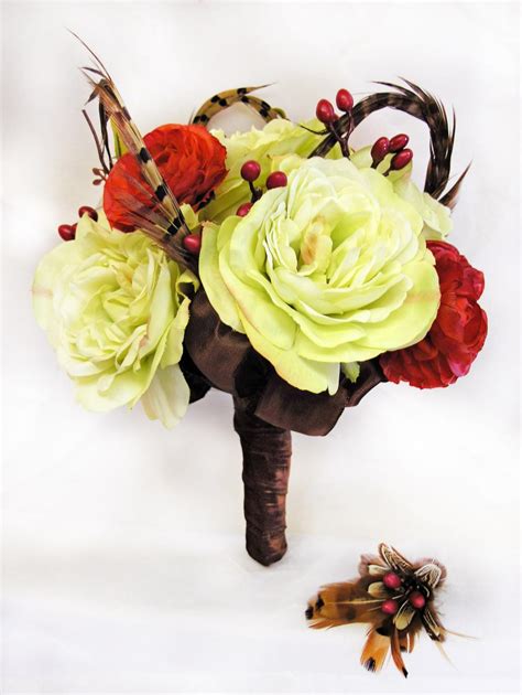 How to make a hand tied bridal bouquet : Brown Feather Silk Bridal Bouquet Fall Wedding Flowers on ...