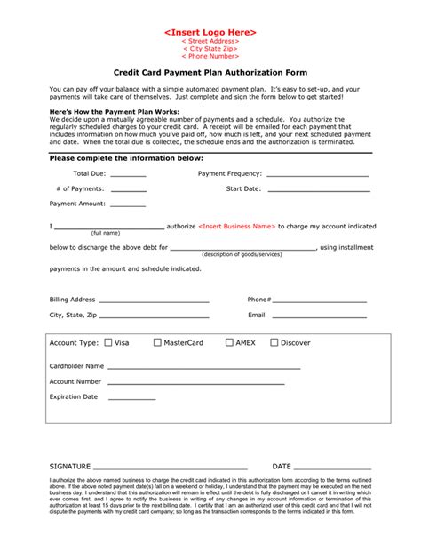 If you're a business owner, you may accept payment through credit card. Credit Card Payment Plan Authorization Form in Word and Pdf formats