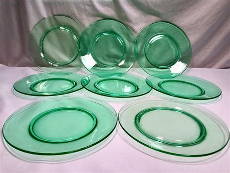 Vintage Midcentury Green Glass Plates Set Of Eight