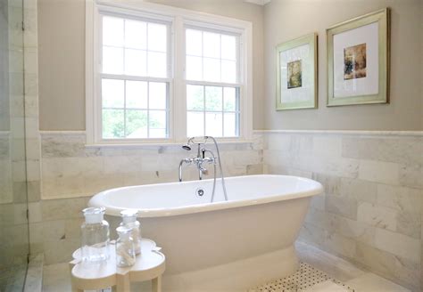 Colonial trim moulding is a small moulding with big impact. 6x12 marble wainscotting with chair rail. Chair rail stops ...
