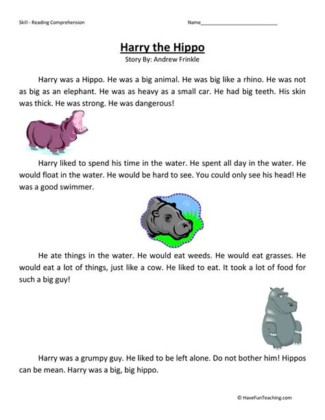 Harry The Hippo Reading Comprehension Worksheet 2nd Grade Reading