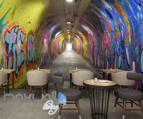3d Wallpaper Of A Dark Tunnel With Graffiti On Walls Art