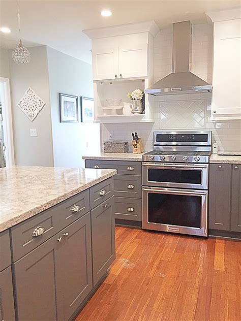 Blue gray and white two tone kitchen cabinets. Cambria quartz Berwyn, two tone Kitchen, gray and white ...