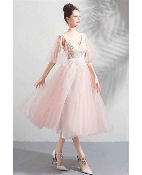 Elegant Peachy Pink Tulle Tea Length Wedding Party Dress With Sleeves