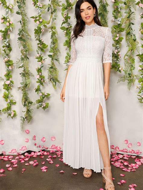 Lace Bodice Split Pleated Maxi Prom Dress Shein Maxi Dress Prom Romantic Maxi Dress