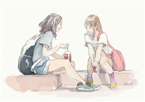 Illustration 芸術的アニメ少女 キュートなスケッチ アニメの親友