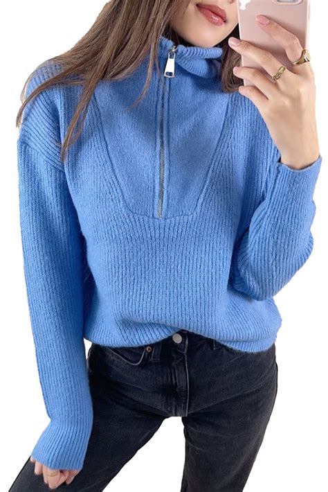 Us1098 Blue Zipper Turtleneck Knitted Sweater Wholesale Online