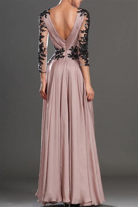 Sexy A Line V Neck Long Sleeves Open Back Lace Chiffon Long Prom Dress On Luulla