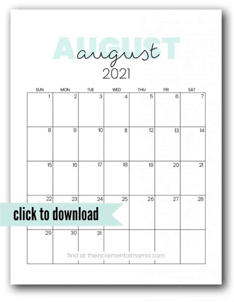 Aug Calendar 2021 Free Printable