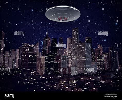 Ufo Metal Spaceship Over The City By Night Stock Photo Alamy