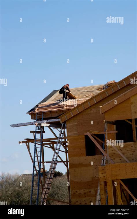 Construction Worker Building A House Stock Photo Alamy