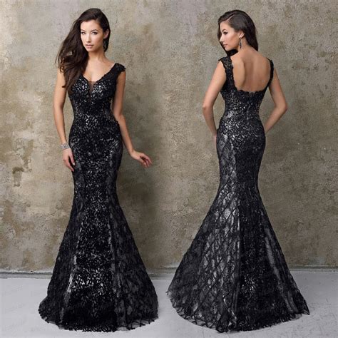 Sexy Mermaid V Neck Lace Appliques Beads Black Prom Evening Gowns