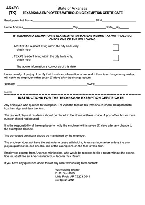 Form Ar4ec Tx Texarkana Employees Withholding Exemption
