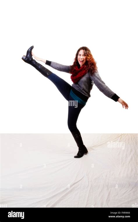Caucasian Woman Kicking Leg Up Casual Attire Stock Photo Alamy