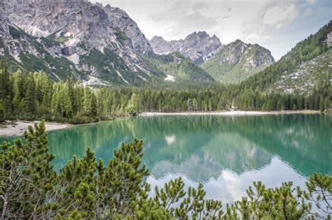 Braies Lake In Trentino Alto Adige Italy Lake In The Alps Wit Stock