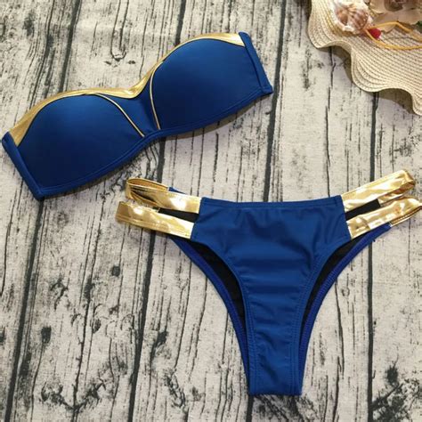 2018 Blue Stamping Bikini Set Sexy Padded Women Swimsuit Push Up