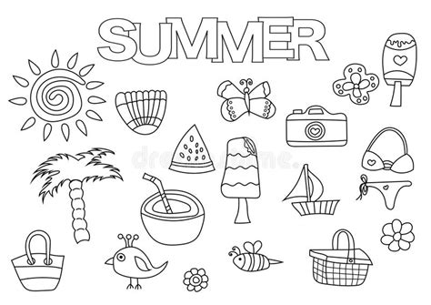 Summer Elements Hand Drawn Set Coloring Book Template Outline Doodle